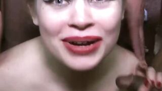 Naughty ladies slurping throbbing dicks at hot bukkake party