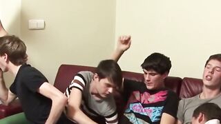 Twinks are sucking and fucking each other in bareback orgy