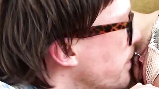Busty UK babe lets a horny nerd finger and pussy licks her