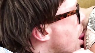Busty UK babe lets a horny nerd finger and pussy licks her