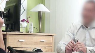 Busty tattooed blonde drilled by a fake agent for a loan
