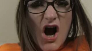 Cosplay addict Adreena wears sexy glasses during hard sex