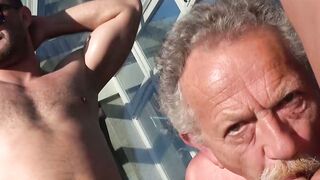 Threesome with gay horny grandpa and two younger studs