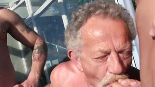 Threesome with gay horny grandpa and two younger studs