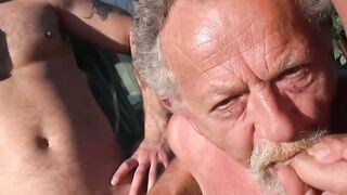 Threesome with gay horny grandpa and two younger studs