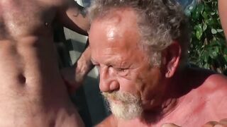 Threesome with gay horny grandpa and two younger studs