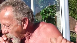 Threesome with gay horny grandpa and two younger studs