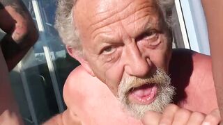 Threesome with gay horny grandpa and two younger studs