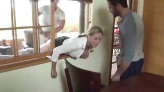 Filthy Old milf Stucked into Window and Fuck by 2