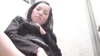 Hairy pussy Asian girl masturbating in public while peeing