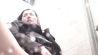 Hairy pussy Asian girl masturbating in public while peeing