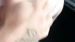Inked whore moans hard while riding big cock POV outside