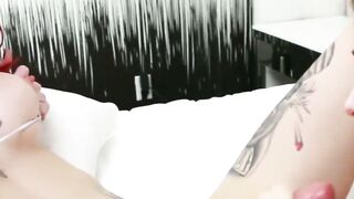 Inked tranny Chelsea Marie jizzes on teen babe after blowjob