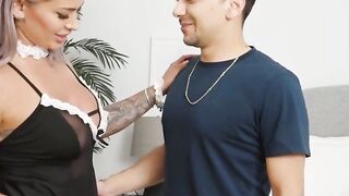 Busty stepmum catches her stepson with their hot blonde French maid and joins