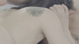 Young lesbian babes tongue bang each other with passion