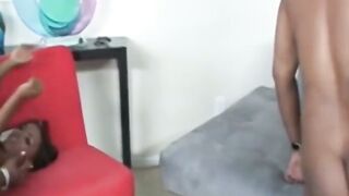 Hot ebony babe Alanna Lees sucks big dick in wild foursome