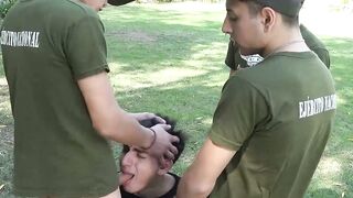 Horny soldiers take turns on fucking intruder Rene Sava tight ass