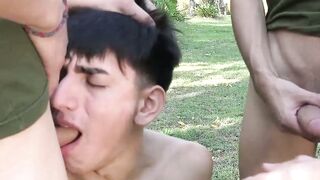Horny soldiers take turns on fucking intruder Rene Sava tight ass