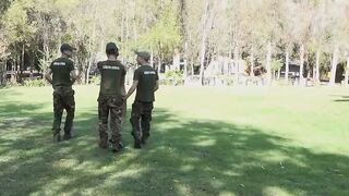 Horny soldiers take turns on fucking intruder Rene Sava tight ass