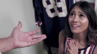 Asian Cheerleader Jasmine Grey hammered hard by bald coach Stirling Cooper