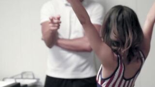 Asian Cheerleader Jasmine Grey hammered hard by bald coach Stirling Cooper