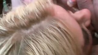 Sweet busty blonde sucking a lot of dicks during orgy