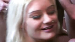 Sweet busty blonde sucking a lot of dicks during orgy