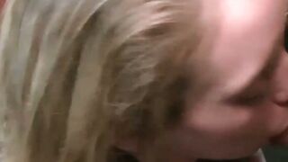 Sweet busty blonde sucking a lot of dicks during orgy