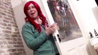 Big tits Lucy Lane goes down on a horny nerd cock sucking it