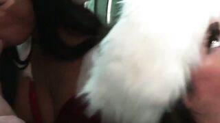 Blonde babe and lusty ebony sucking many dicks in group sex
