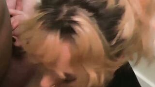 Mature woman in a blow bang at a party with lots of cocks