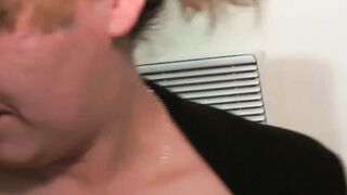 Mature woman in a blow bang at a party with lots of cocks