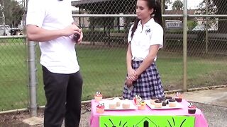 Petite brunette teen Kharlie Stone gags on massive schlong