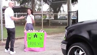 Petite brunette teen Kharlie Stone gags on massive schlong