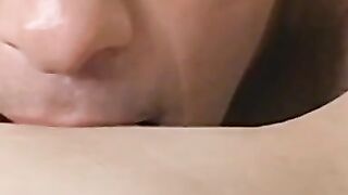 Buxom amateur babe tongue fucked and swallows big cock