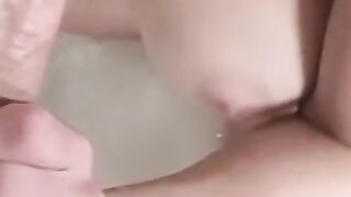 Buxom amateur babe tongue fucked and swallows big cock