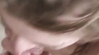 Buxom amateur babe tongue fucked and swallows big cock
