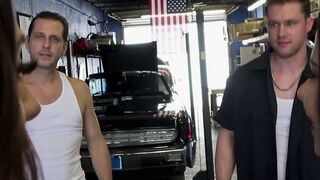 Gorgeous pornstars suck off random car mechanics at work