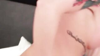 Tattooed tbabe cum sprayed by sexy Asian tranny Venus Lux