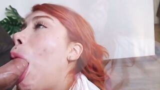 Cute freckled face Marina Gold gags on an older balls and sprayed big loads of cum