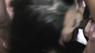Dark haired beauty plays with giant cocks in a blowbang show