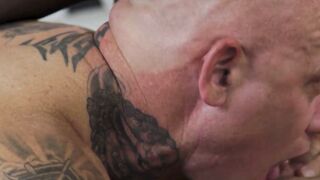 Busty brunette Scarlett Alexis takes an intense pussy fucking from an inked stud