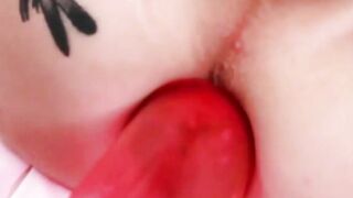 Tattooed TS beauty Lena Kelly toy stuffed before big cumshot