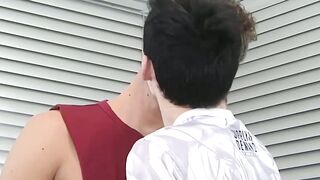 Kinky tattooed twink Reece Gray sucks hard cock on his knees