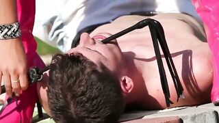 Dominant young babe riding subs cock in the backyard