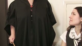 Lesbo granny Lacey Starr spanking and pussy eating teen babe