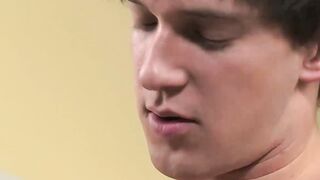 Horny blonde twink Atlanta Grey gives passionate blowjob