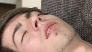 Mature guy gives young dude blowjob and swallows his load
