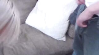 Sexy British babe Abbi Price blows nerds big dick on knees