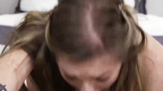 Beautiful brunette slurping and licking big fat cock